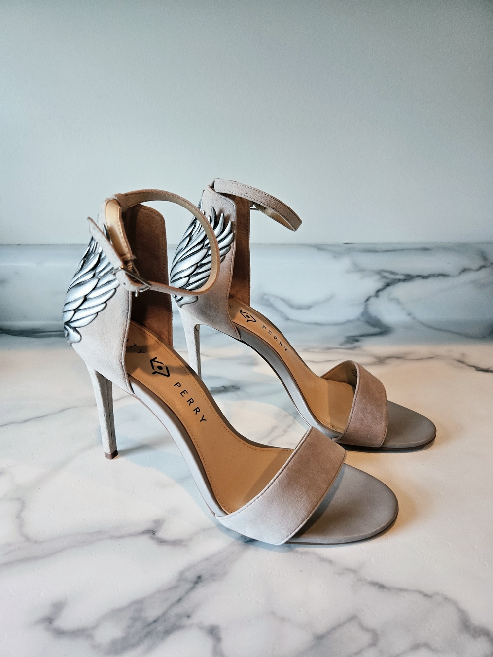 Katy Perry Grey Suede Ankle-Strap Stiletto Heels with Silver Wing Accent